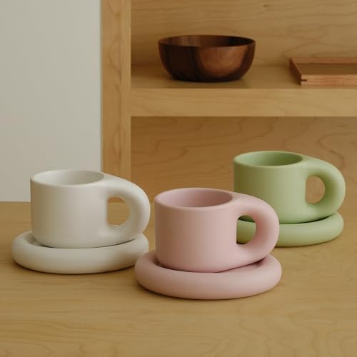 WENSHUO Ceramic Coffee Mug with Saucer, Cute Chubby Cup, 9 oz,Nacre White - Image 7