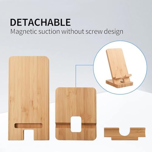 Wood Phone Stand with Mirror, Desktop Wooden Phone Holder, Portable Office Phone Stand for Desk, Wood ipad Stand， Compatible with iPhone & All Cell Phones(Bamboo wiht Mirror) - Image 4