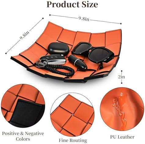 MSJGA Valet Tray PU Leather Key Holder Bowl for Women and Men Entryway Table Nightstand Desk Tray for Wallet, Keys Men's Gift - Orange & Black, 9.8" L x 9.8" W x 2" H - Image 2