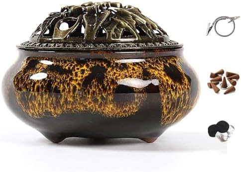 Incense Burner with Calabash Incense Stick Holder - Porcelain Charcoal Censer for Use with Resin Granular Powder Cone or Coil Incense (Fambe Yellow) by LamDawn