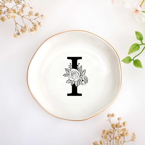 JoycuFF Initial I Ceramic Jewelry Tray, Bridesmaid Bride Gifts, Mothers Day Christmas Anniversary Engagement Birthday Gifts for Women Couples, Trinket Dish for Rings Earrings Necklaces Bracelets Keys by Joycuff