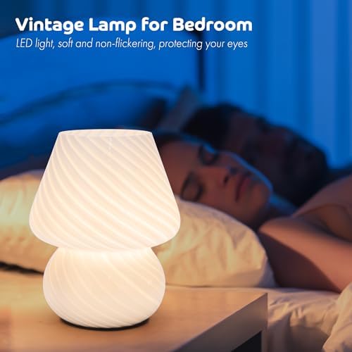 ULAROOM Battery Operated Mushroom Lamp - Vintage Small Table Lamp with Timer, Cordless Bedside Nightstand Lamp, Glass Battery Powered Lamp for Bedroom Kitchen Living Room Shelf Decor Aesthetic White - Image 3