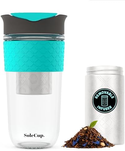 Large Travel Mug Loose Tea Infuser - Detachable Tea Strainer with Spill Proof Lid - 18oz/530ml BPA-Free Reusable Glass Travel Coffee Cup with Silicone Band (Gray and Blue, 18oz) by SoleCup