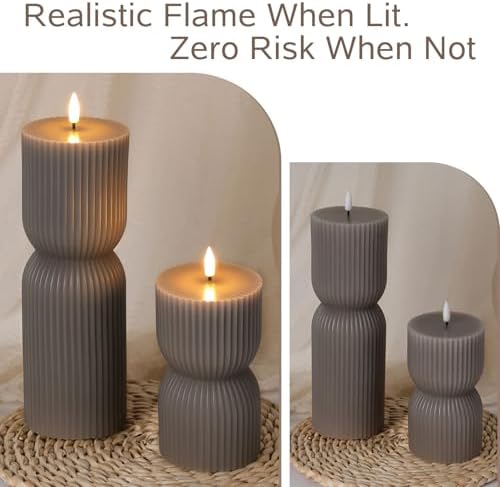 Taupe Ribbed Flameless Pillar Candles with Remote Set of 2 - Image 6