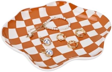 Koythin Brown Plaid Ceramic Jewelry Tray, Vanity Trinket Dish Birthday Gift by Koythin