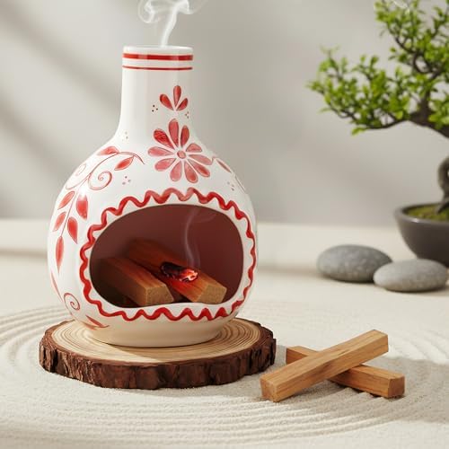 Ceramic Incense Holder–Handcrafted Palo Santo Holder with Chimney, Incense Burner with Ash Catcher for Sage, Cone Burning and Tealight, Perfect for Meditation, Yoga and Aromatherapy for Women by Phymorse