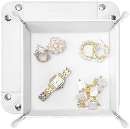 UnionBasic Small Valet Tray, Jewelry Tray for Rings Watches Earrings, Entryway Catchall Caddy for Coins Keys Change, Nightstand Bedside Valet Holder, Trays for Electronic Gadgets, White by UnionBasic