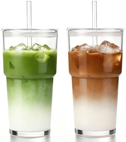 Iced Coffee Cups with Lids 2Pcs: Coffee Bar Accessories - Glass Tumbler with Straw and Lid 20oz - Vintage Glass Cups with Lids and Straws - Tumbler Leak Proof Aesthetic Drinkware for To Go Iced Coffee by DWTSDANWEITESI