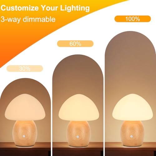 Mushroom Lamp with Touch Control Switch, Small Wooden Table Lamp with Glass Shade, 3 Way Dimmable Nightstand Lamp for Bedroom, G9 LED Bulb Included (Nature Wood&Opal White Glass Shade) - Image 3