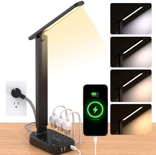 LED Desk Lamp, 10Ft Power Strip with 3 Outlets 4 USB Ports(2 USB C), Black by OneBeat