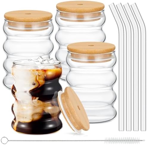 Tessco for you 4 Pcs Creative Glass Cups with Lids and Straws Brush, 12 oz Aesthetic Cup Iced Coffee Glasses Clear Ribbed Glassware Wave Tumbler Drinking Cups for Juice Coffee Beverage Bubble Tea by Tessco