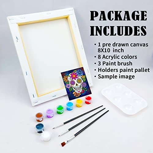 Pre Drawn Canvas Painting Kit for Adults Paint and Sip Party Supplies 8x10 in Canvas to Paint, 8 Acrylic Colors,3 Brush,1 Pallet Art Set Day of The Dead Dia de Los Muertos Sugar Skull - Image 5