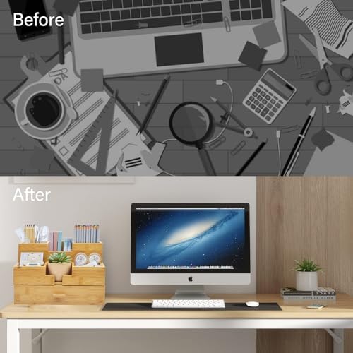 Bamboo Desk Organizer - Countertop Drawers Organizer Tabletop Storage Organization Makeup & Pen Storage with Drawer & Pencil Holder for Office Organization - Image 3