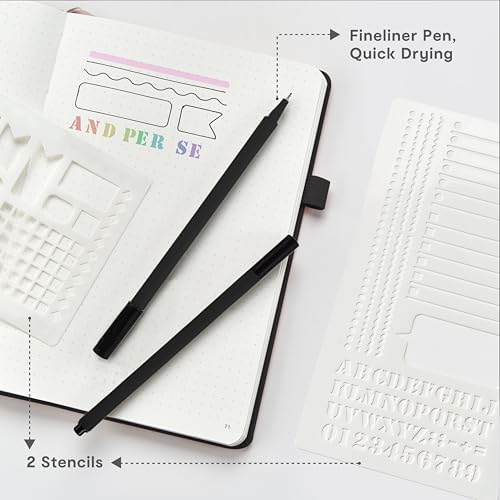 &And Per Se Dotted Journal Notebook 3 Pack, A5 Hardcover with Journal Dotted Pages, Stencils & Pens, 176 Numbered Pages Each for Students Teachers Office (Black) - Image 5