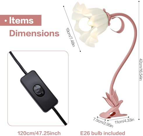 Clip On Light and Flower Bedside Table Lamp, Flexible Gooseneck Reading Book Light with 3 Color Modes, Night Light for Kids Nursery, Clip on for Desk, Bed Headboard, Dorm (Pink) - Image 6