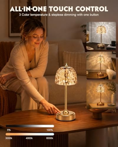 Nusogon Cordless Glass Table Lamp, 5200mAh Small Rechargeable Touch Lamp - Image 4