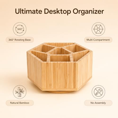 360° Rotating Bamboo Desk Organizer, Hexagonal - Image 5
