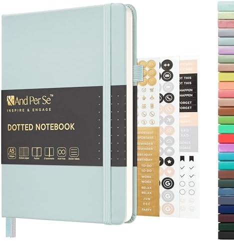 &And Per Se Dotted Journal Notebook, A5 Hardcover Leather Dotted Journal, 160 Pages 100gsm Thick Dot Grid Paper, 3 Sheets of Stickers Included - 5.7'' x 8'' (Cyan) by AndPerSe
