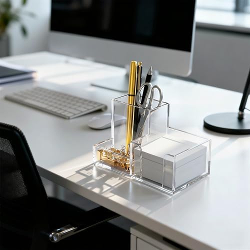 HBlife 2-Pack Acrylic Pen Holder for Desk, 3-Compartment Small Desk Organizer, Clear Office Supplies Desk Accessories with Sticky Notes Holder Stores Post It Notes 3X3 for Office, Home and School - Image 2