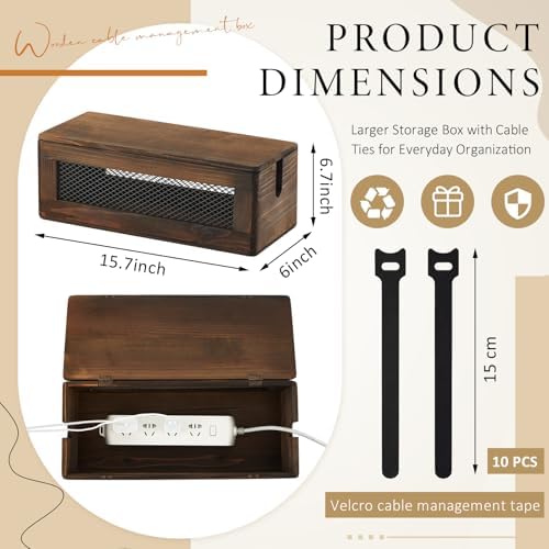 Chunful Extra Large Cable Management Box, 16'' Wood Cord Hider Organizer with Ventilation Nets & Organizer for Power Strip, TV Wires & Desk Cable Storage, Magnetic Lid Hide Floor Cables - Image 3