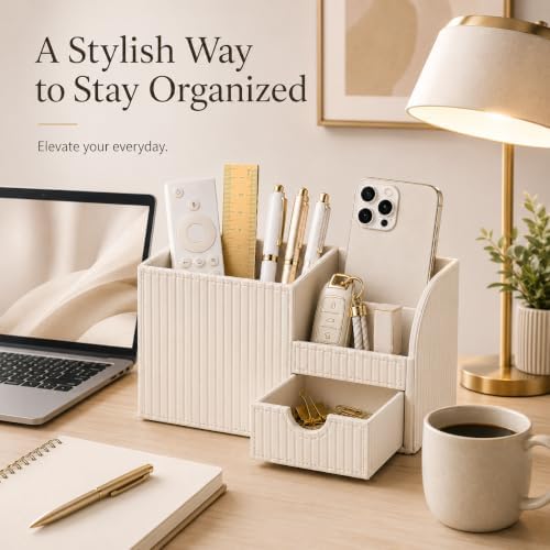 KINGFOM Luxury PU Leather Desk Organizer with Drawer, Modern Aesthetic Office Desk Accessories for Women, Multi-Compartment Pen Holder & Desktop Storage Organizer for Home Office, Cream White - Image 2
