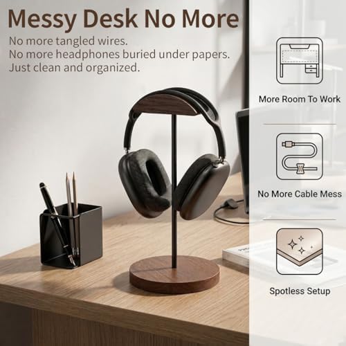 Headphone Holder Stand for Desk, Wood and Metal Headset Hanger Mount Hook Gaming Holder Desktop Earphone Artful Functional Craftsmanship Stand for All Headsets with Solid Wooden Base - Image 2