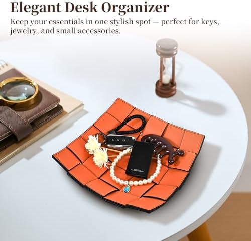 MSJGA Valet Tray PU Leather Key Holder Bowl for Women and Men Entryway Table Nightstand Desk Tray for Wallet, Keys Men's Gift - Orange & Black, 9.8" L x 9.8" W x 2" H - Image 4