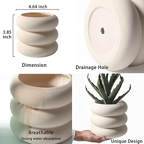 Ceramic Plant Pot Indoor, 4.5 Inch Beige Unglazed Flower Pot with Drainage Hole, Small Bubble Design Ceramic Planter for Home & Office Decor - Image 3