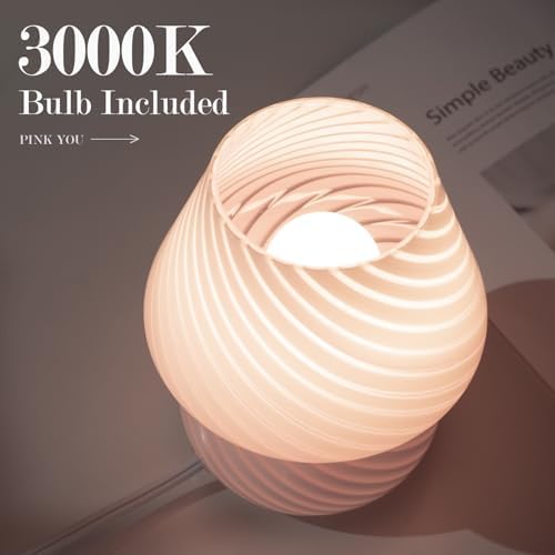 ONEWISH Mushroom Lamp-Small Bedside Table Lamp with Striped Glass, Nightstand Lamp for Bedroom, Living Room, Cafe, Bulb Included, Home Decor for Girls Women, Pink - Image 3
