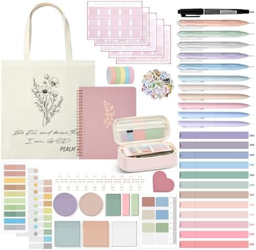 Jutom 110 Pcs Bible Study Supplies Bible Journaling Kit with Canvas Tote Bag Pen Case Notebook Highlighters Pen Sticky Note Tabs Page Markers Stickers Tape for Women Christian Christmas Gift(Pink) by Jutom