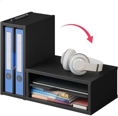 Ballucci File Organizer, 2-Tier Document Paper Sorter, Stackable Wood Desk Organizer Mail Holder, Monitor Stand with Storage Shelves, Black - Image 5