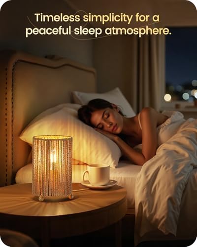 Small Rattan Table Lamps Set of 2, Boho Bedside Lamps Set of 2, Handwoven Paper Lampshade, 4W 2400K LED Bulb Included, Boho Desk Lamp, Nightstand Lamp for Bedroom, Living Room, S11TLP205 - Image 3