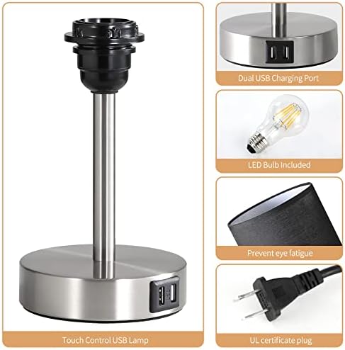 Bedside Lamp with USB Port - Touch Control Table Lamp for Bedroom Wood 3 Way Dimmable Nightstand Lamp with Round Black Shade for Living Room, Dorm, Home Office (LED Bulb Included) (Blacl2) - Image 5