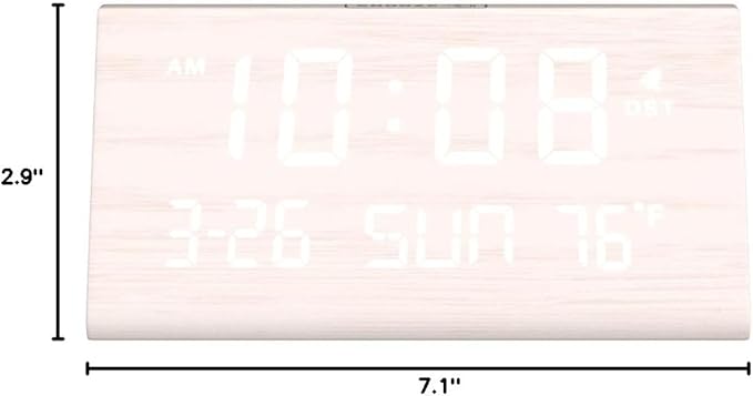 DreamSky Digital Alarm Clocks for Bedrooms - Wooden Desk Clock with Date, Day of Week, USB Port, Temperature, Dimmer for Bedside Table, Living Room, Office, Adjustable Volume, Auto DST, Wood Decor