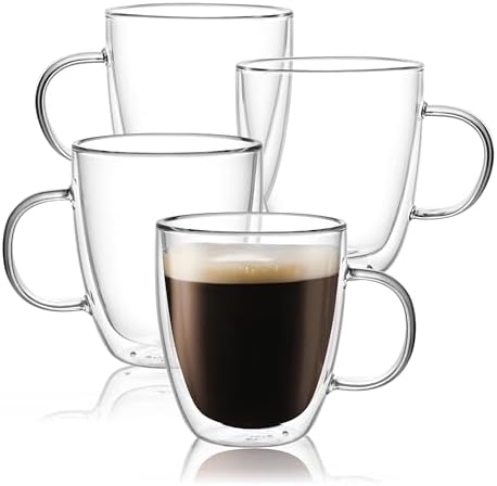 CNGLASS Large Glass Coffee Mugs 17oz,Double Walled Insulated Clear Coffee Cups with Handle,Clear Espresso Mugs for Cappuccino,Latte,Tea Bags,Hot and Cold Beverages,Set of 4 by CNGLASS