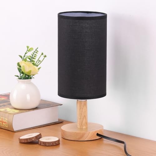 Black Small Bedside Table Lamp for Bedroom,Natural Round Wood Base&Fabric Linen Shade,Cozy Night Table Light for Study Reading,Minimalist Boho Desk Lamp for Nightstand,Living Room,Nursery,Kitchen,Dorm by SEENSINY