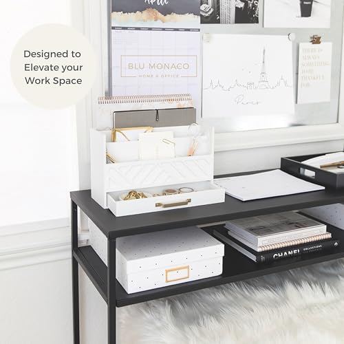 BLU MONACO | White Wooden Desk Organizer & Mail Organizer with Drawer & Gold Handle | Mail Sorter Countertop | 6 Compartments | White Desktop Organizer for Desk - Image 3