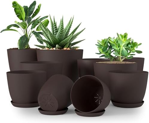 Plant Pots Indoor with Drainage, 10 Pack Multi-Size Planters Set, Brown by UTOPIAHOME