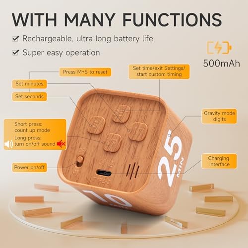 Rotating Productivity Cube Timer, 5/25/10/50 Min Presets, Wood Grain - Image 4