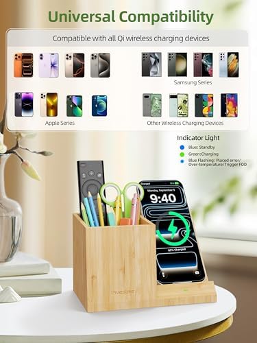 Bamboo Pen Holder for Desk with Wireless Charger, Desktop Organizer - Image 3