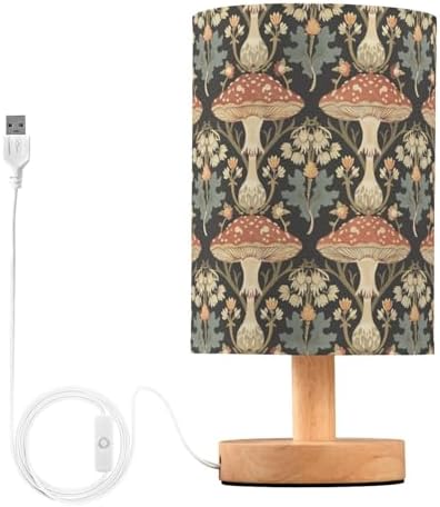 William Morris Style Mushroom Table Lamp for Bedroom USB Port Lamps Small Accent Table Lamp Nightstand Lamp Sturdy Linen Shade Wooden Base Decorative Lamps for Bedside Reading|Kids|Dorm|Home by Fustylead