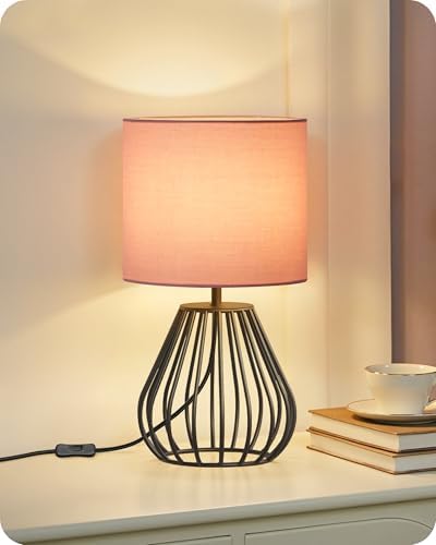 Pink Table Lamp for Girls' Room, Modern Small Bedside Lamp with Pink Linen Lampshade & Black Metal Base, 2700K LED Bulb Included, Decorative Nightstand Lamp for Bedroom, Entryway, P06TL05 by GOEBLESON