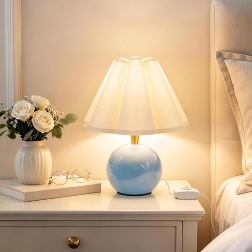 Small Bedside Table Lamp, 11.8'' Ceramic Stepless Dimmable Lamp (Blue) by Komothala