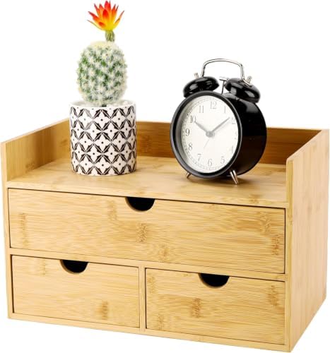 Charmewooden Bamboo Desk Organizer 3 Drawer with shelf, Countertop Organizer with Drawers Makeup Storage Drawer 3 Drawers Tabletop Storage Organization Box Home Office Workspace by Charmewooden