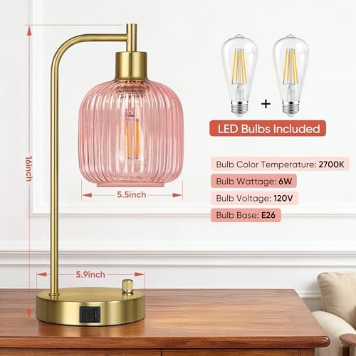 Pink Glass Table Lamps Set of 2, Dimmable Bedside Lamps for Living Room - Image 3