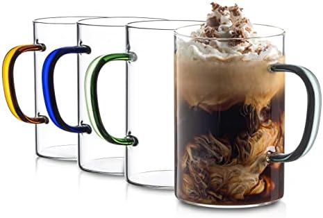 Clear Glass Coffee Mugs Set of 4 – 17 Oz Large Coffee Cups Ideal for Latte, Cappuccino, Tea – Premium Glass Mug for Hot Beverages with Colored Handles – Dishwasher and Microwave Safe Latte Mugs by Red+Rocks