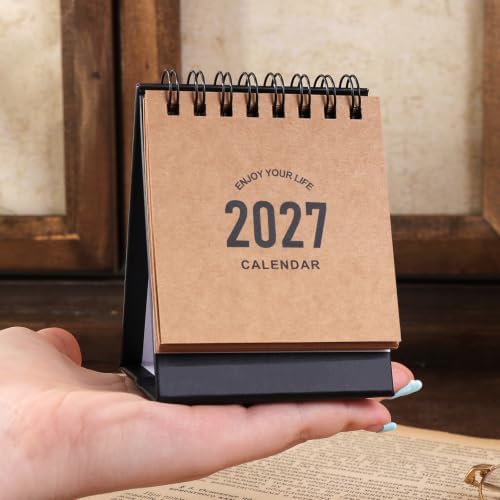 Mini Desk Calendar 2027-2028- Small Desktop Calendar January 2027 to June 2028, Mini Daily Schedule Thick Paper Twin-Wire Binding with Stickers for Home Office School (Kraft paper color) - Image 5