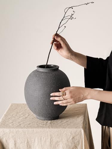 Large Blak Ceramic Vase - 9.8 Inch Rustic Farmhouse Flower Vase for Home Decor, Minimalist Tall Vases for Living Room, Table, Bathroom, Holiday & Weddings,Sandstone Dark Grey - Image 6