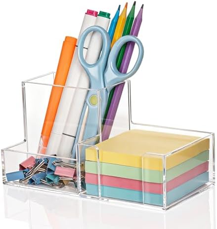 Pen Holder for Desk Clear Pencil Holder with Sticky Notes Holder Acrylic 3 Compartments Desk Organizer Office Desk Accessories for Office, School, Home, Makeup Brush Holder for Bedroom Bathroom by Miusbit