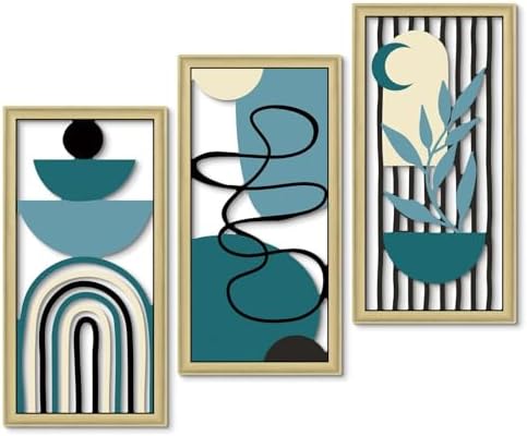 Putuo Decor Boho Wall Art Set of 3 Modern Minimalist Wooden Wall Decor Abstract Geometric Room Decorations Mid Century Artwork for Living Room Bedroom Office in Blue Tones 16.5 x 8.6 Inch by PUTUODECOR